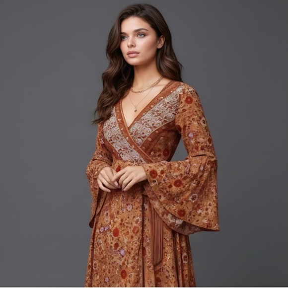 Boho Floral Print Bell Sleeve Tie Front Wrap Dress - Picture 10 of 13